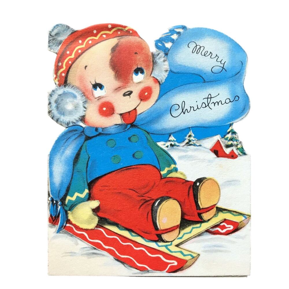 Vintage Greeting Card Dog Puppy Riding Sled Diecut Merry Christmas Holiday